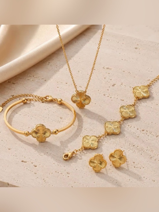 Private Label Jewelry - Gold Four-Leaf Clover Pendant Necklace and Bracelet SET OF 4 items